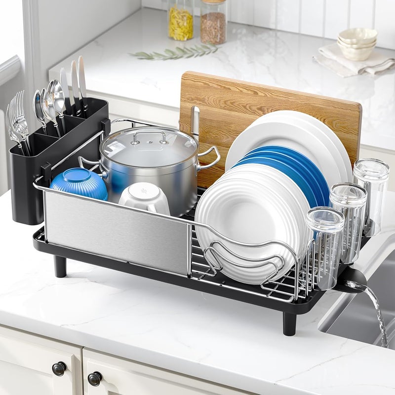 Urackify Stainless Steel Dish Drying Rack - Large Capcity 304 Grade Dish Drainer for Kitchen Counter with Drain Board, Utensil Holder & Detachable Cup Shelf, Rustproof Multifunctional Organizer - Image 1
